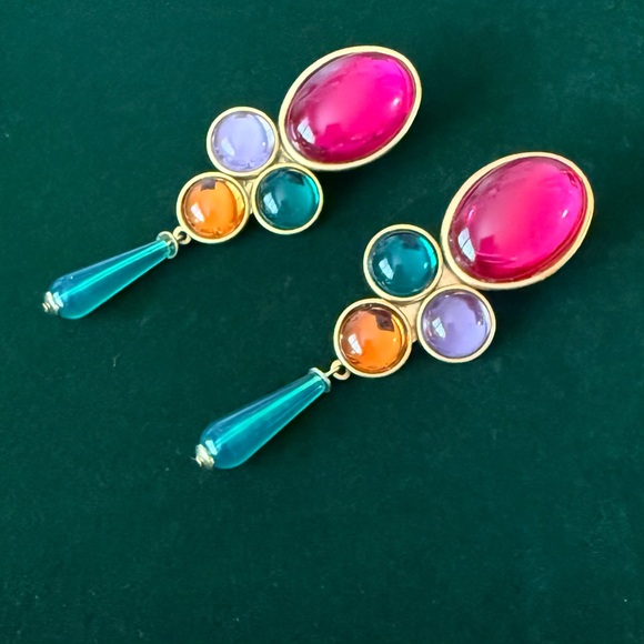 Vintage 80s Acrylic Matte Gold Dangle Cabochon Clip on Earrings Multicolor Drop - Picture 5 of 12